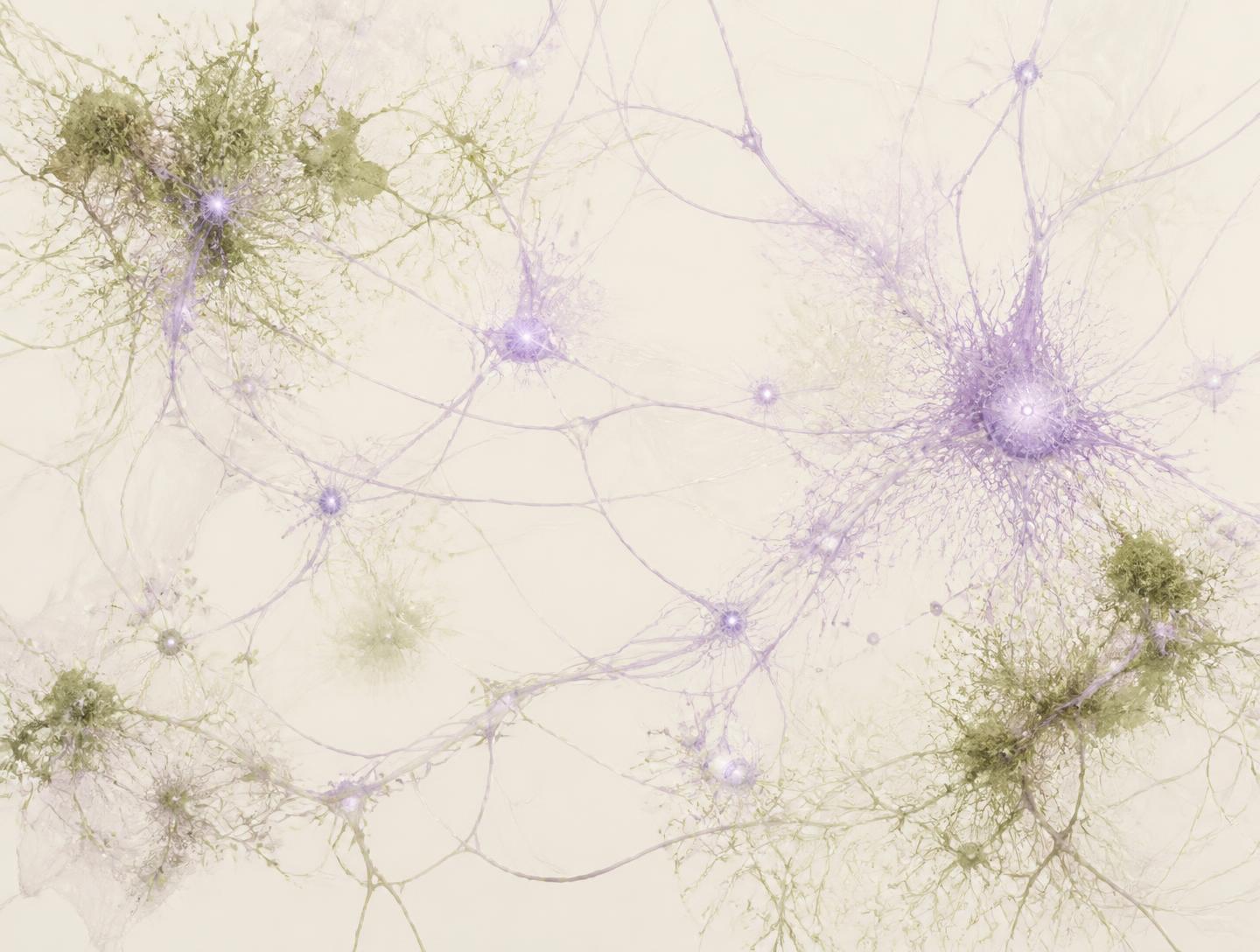 Ilustración abstracta que entrelaza una red neuronal con filamentos de micelio
